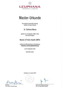 Urkunde Master of Public Health Leuphana Universität Lüneburg